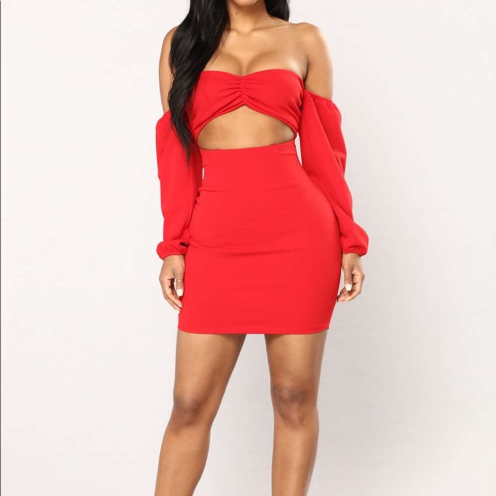 Red cut out Bardot off the shoulder dress